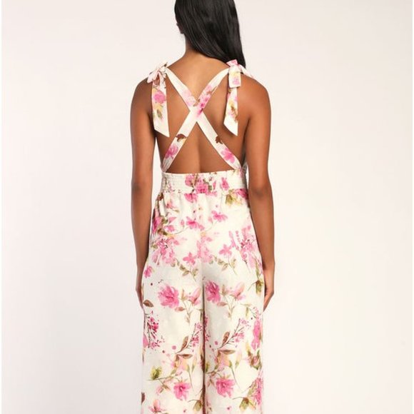 Forever Days Ivory Floral Jacquard Tie-Strap Wide Leg Jumpsuit - Picture 3 of 3